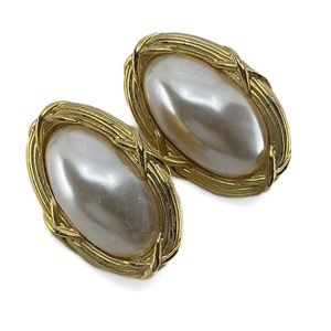 Pearl Oval and Gold Clip Earrings - Costume Jewelry